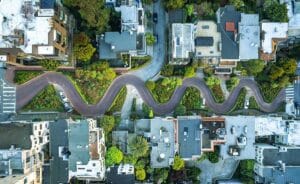 Aerial view of Lombard Street in San Francisco, symbolizing the winding path to clarity with an anxiety therapist SF.