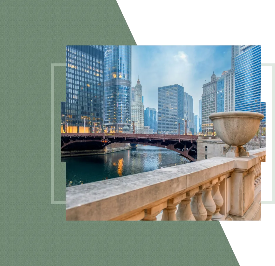 A bridge and skyscrapers over a river