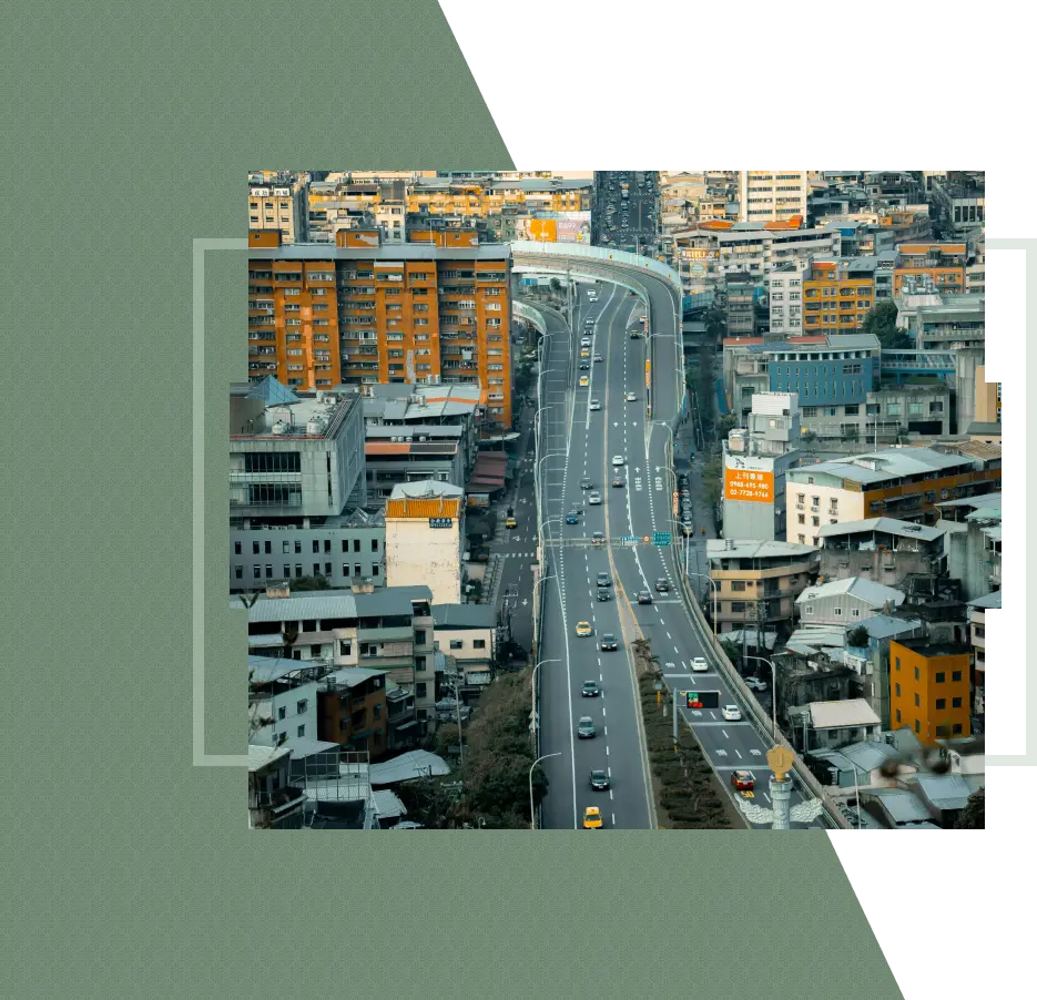 An aerial view of a busy highway in a city