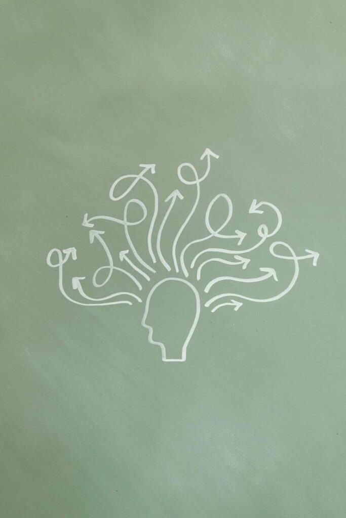 Illustration of a head with arrows pointing outward, representing ADHD symptoms, thoughts, and diagnosis pathways.