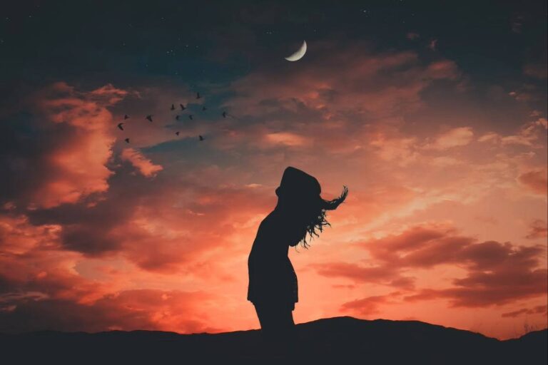 Silhouette of a woman under a crescent moon and sunset sky, symbolizing hidden stress and emotional weight.
