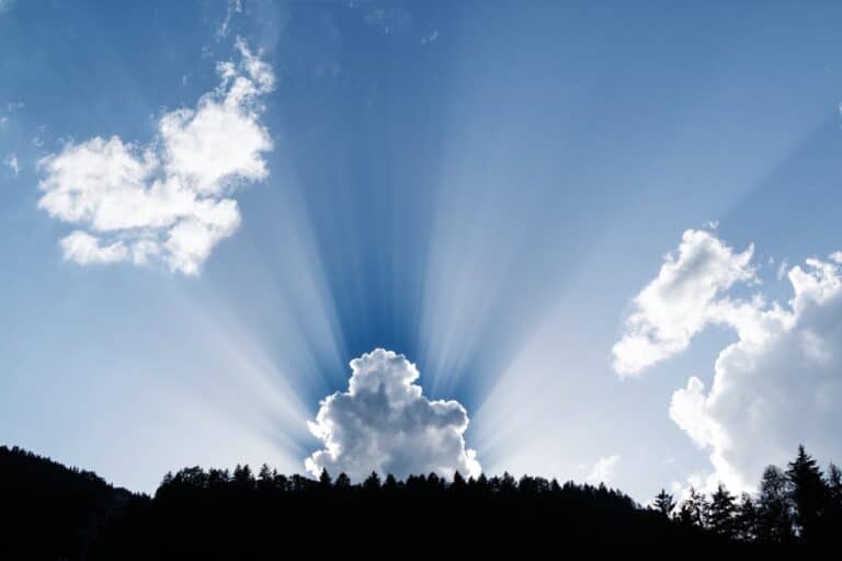 Sun rays breaking through clouds over forest trees symbolizing clarity