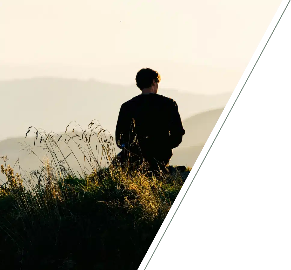 Person silhouetted viewing mountains.