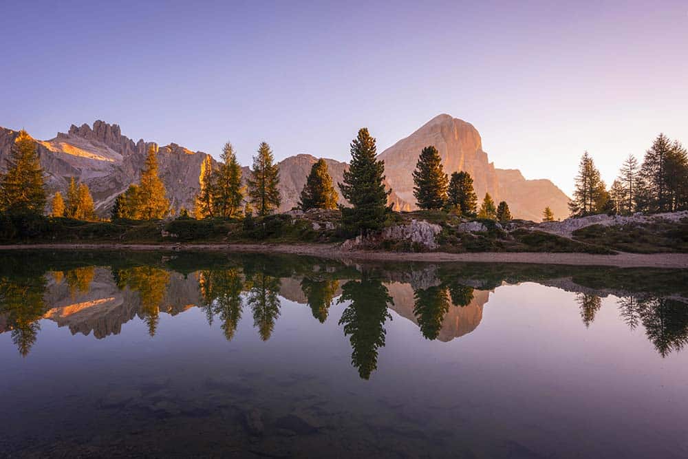 A lake surrounded by mountains and trees