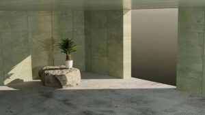 A potted plant sitting on a rock in a room.