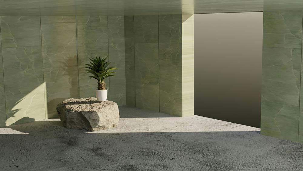 A potted plant sitting on a rock in a room.